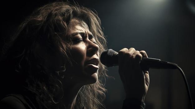 Foto cantante rock donna ispanica di mezza età esecuzione di musica dal vivo per un pubblico che canta canzoni rock in un concerto rock generative ai aig22