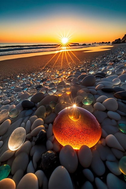 바다 생성 인공 지능 옆 해변 위에 앉아 있는 바위