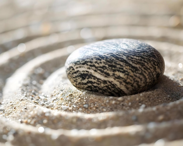 a rock sitting on top of a sandy area