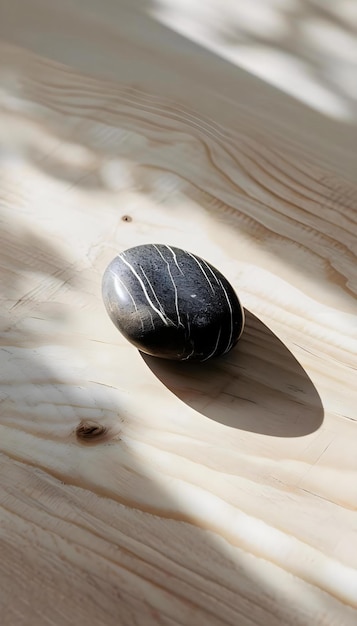 a rock sitting on top of a wooden table