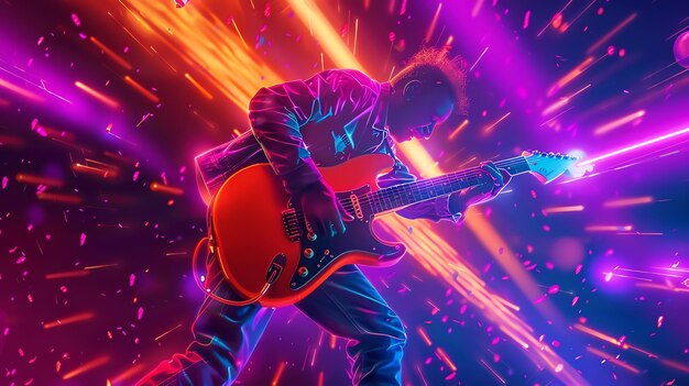 Photo a rock star in a black jacket and jeans is playing an electric guitar on a stage the background is a blur of bright lights and colors