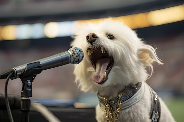Собака-рок-звезда выступает на переполненном стадионе, тысячи фанатов ликуют, созданные с помощью генеративного ИИ
