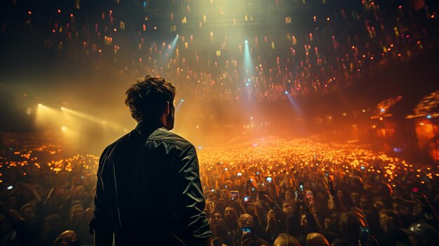 Rock star is on stage at a concert in front of his fans Generative Ai