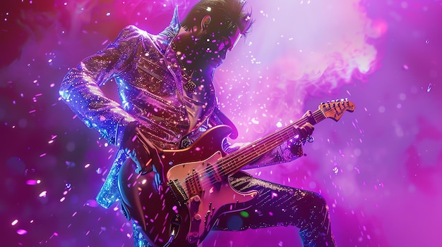 Photo a rock star in a shiny silver jacket is playing the guitar on the stage with bright purple lights in the background