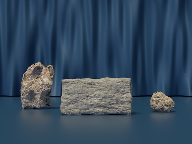 rock stone set blue curtain scene 3d render