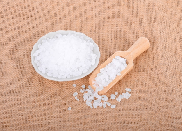 Rock sugar isolated on sack background