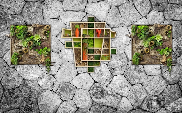 Rock wall With Green Plants