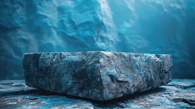 a rock in the water with icebergs in the background