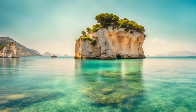 a rock in the water with a tree on the top