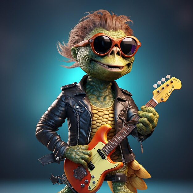 Photo rock on with a 3d cartoon turtle rockstar