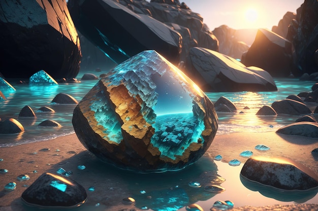 A rock with a blue background and the sun shining on it.