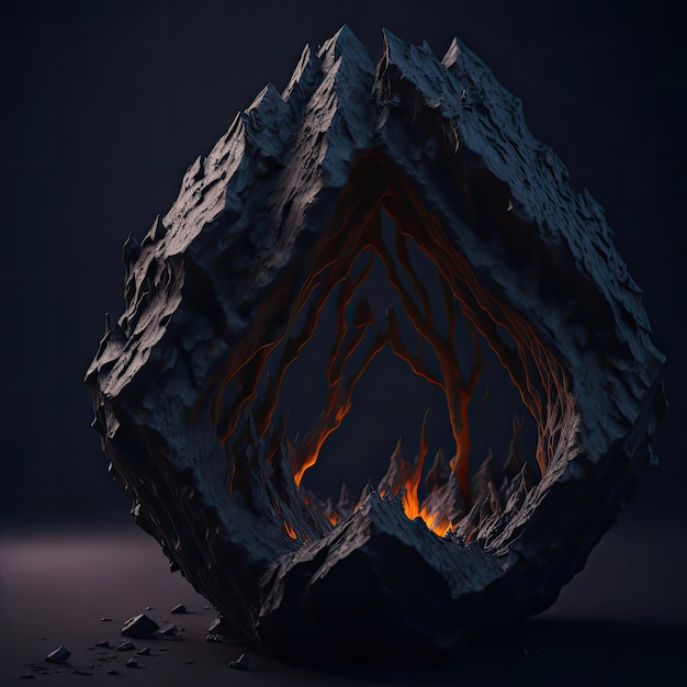 A rock with a cave inside that says'fire'on it