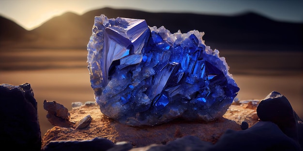 A rock with a cluster of blue crystals on top of it generative AI