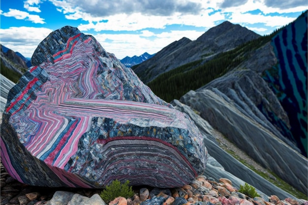 A rock with a colorful striped pattern is on a mountain top.