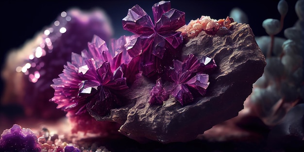 A rock with purple crystals on top of it generative AI