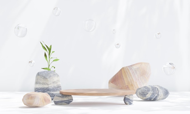 Фото Камень с округлой древесиной для сцены презентации продукта для демонстрации продуктов 3d рендеринга