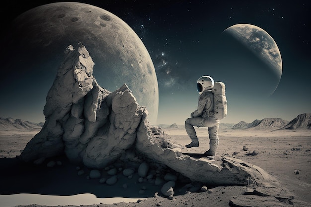 On a rock with space in the background an astronaut This images components were provided by NASA