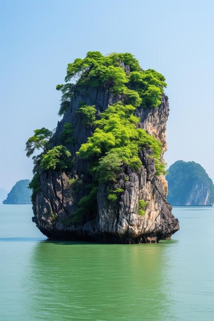 a rock with a tree on it and a mountain in the background