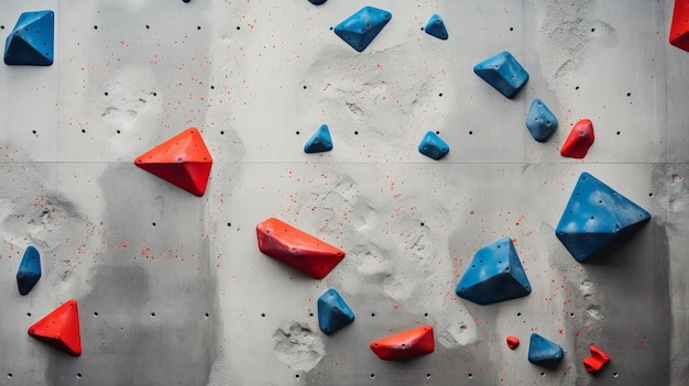 Rockclimbing wall with vibrant red and blue grips set against a stark grey concrete backdrop