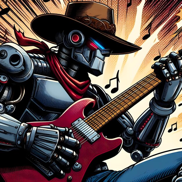 A rocker robot with a cowboy hat on a stage