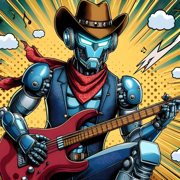 Photo a rocker robot with a cowboy hat on a stage