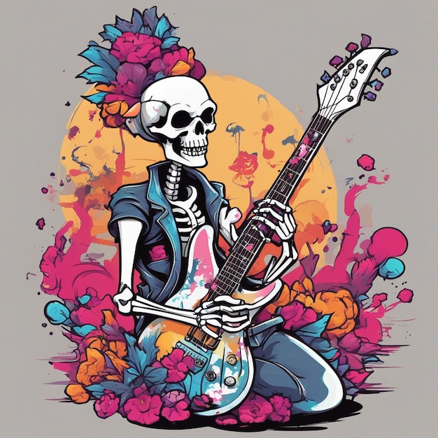 A rockerstyle skeleton with a guitar side view clean white background t shirt design