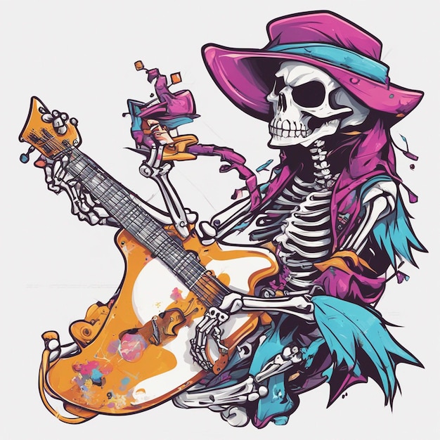 Photo a rockerstyle skeleton with a guitar side view clean white background t shirt design