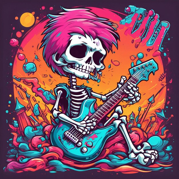 A rockerstyle skeleton with a guitar side view clean white background t shirt design