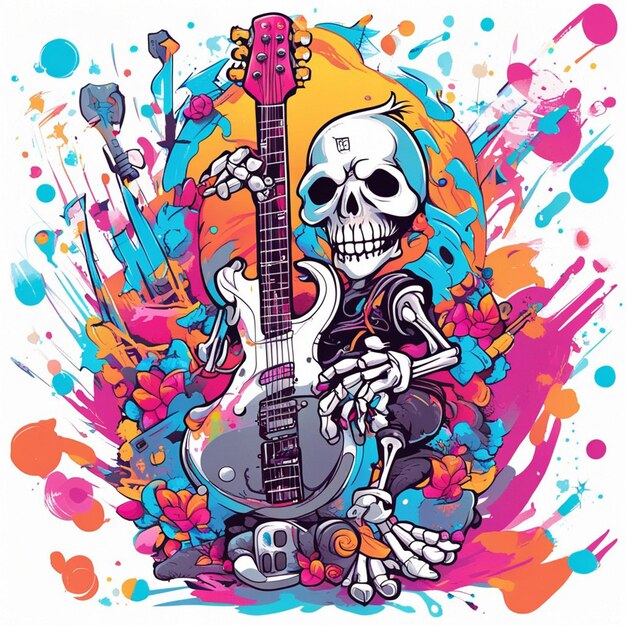 A rockerstyle skeleton with a guitar side view clean white background t shirt design