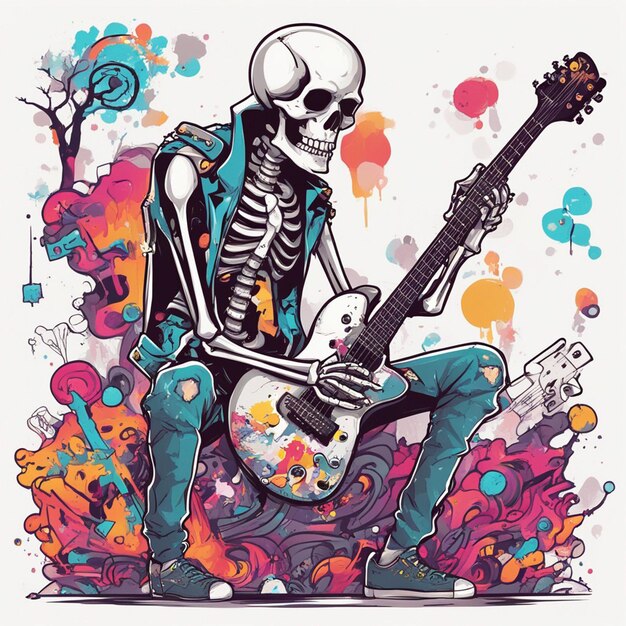 Photo a rockerstyle skeleton with a guitar side view clean white background t shirt design