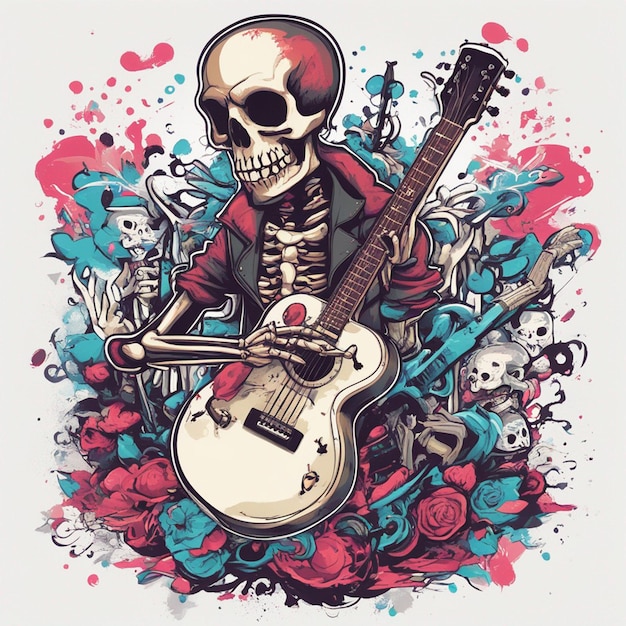 Photo a rockerstyle skeleton with a guitar side view clean white background t shirt design