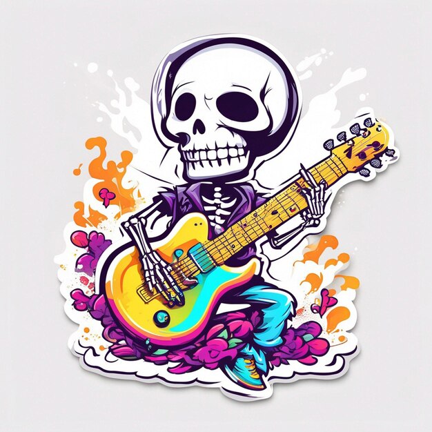 Photo a rockerstyle skeleton with a guitar side view clean white background t shirt design