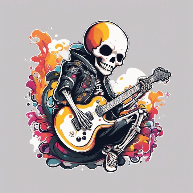 Photo a rockerstyle skeleton with a guitar side view clean white background t shirt design