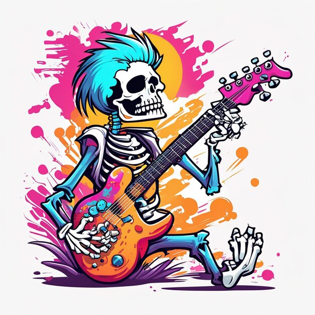 Photo a rockerstyle skeleton with a guitar side view clean white background t shirt design