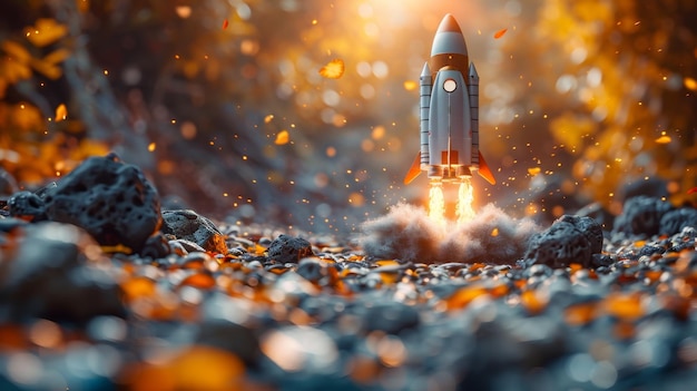 The rocket begins to take off The concept of financial growth with a rocket taking off