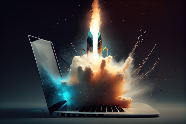 Rocket blasting off from the inside of a laptop with smoke and sparks emanating from the screen