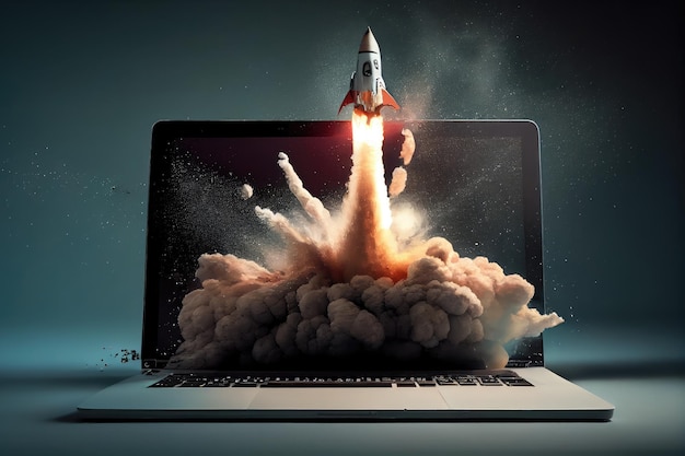 Rocket blasting off from the surface of a laptop with the screen in view