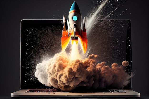 Rocket blasting off from the surface of a laptop with the screen in view