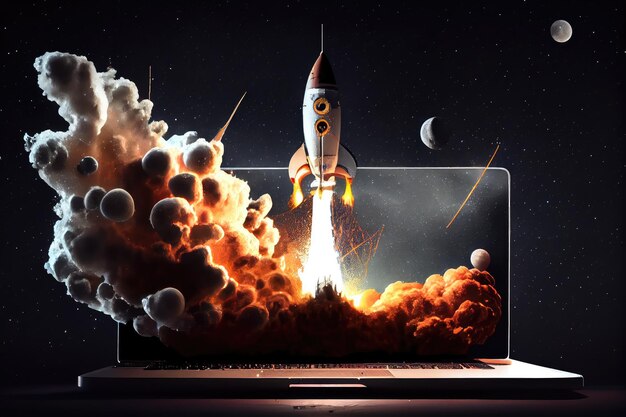 Rocket blasting out of laptop screen with stars in the sky and the moon overhead