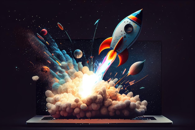 Rocket bursting out of laptop screen with stars and planets in the background