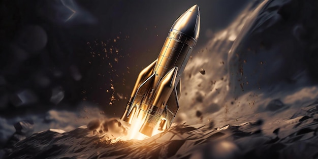 A rocket carrying an gold spaceship flying through the air