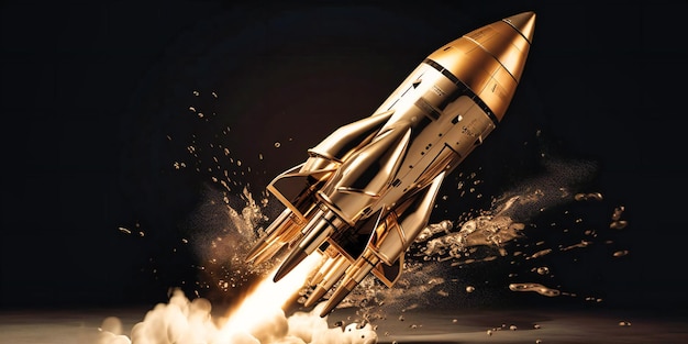 A rocket carrying an gold spaceship flying through the air