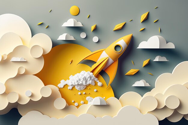 Rocket and clouds made from paper cutout startup concept generative ai