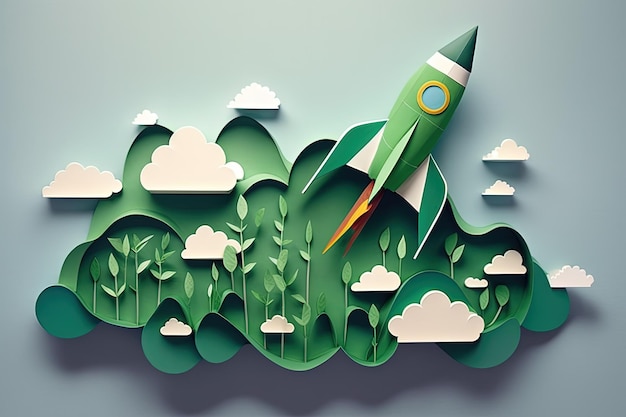 Rocket and clouds made from paper cutout startup concept Generative AI