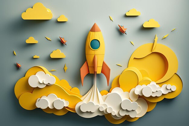 Rocket and clouds made from paper cutout startup concept Generative AI