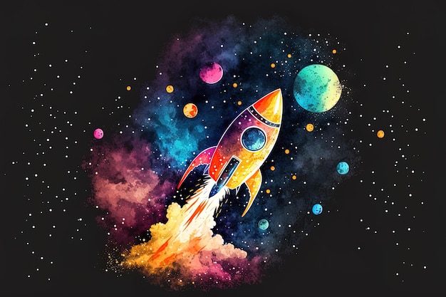 A rocket and a colorful galaxy in a watercolor doodle on a dark background