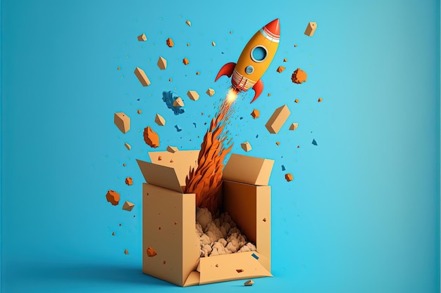 Rocket coming out of cardboard box, blue background. AI digital illustration