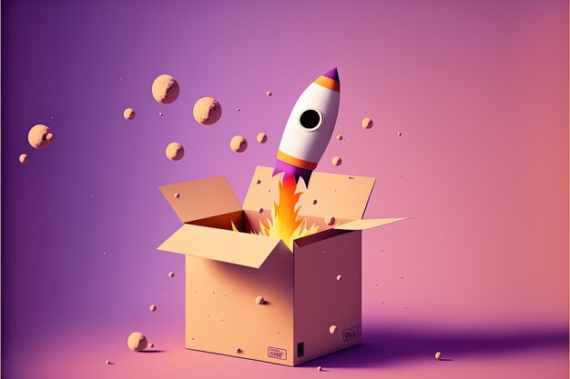 Rocket coming out of cardboard box, lilac background. Generative AI