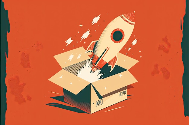 Photo rocket coming out of cardboard box, red background. ai digital illustration