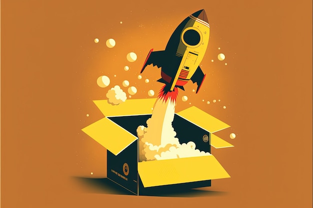 段ボール箱から出てくるロケット、黄色の背景。ジェネレーティブ AI